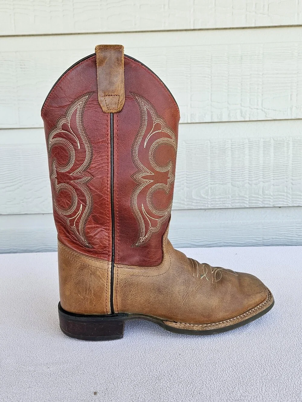 Old West Broad Square Toe Leather Western Cowboy Boots Youth SZ 5.5 Brown Red
